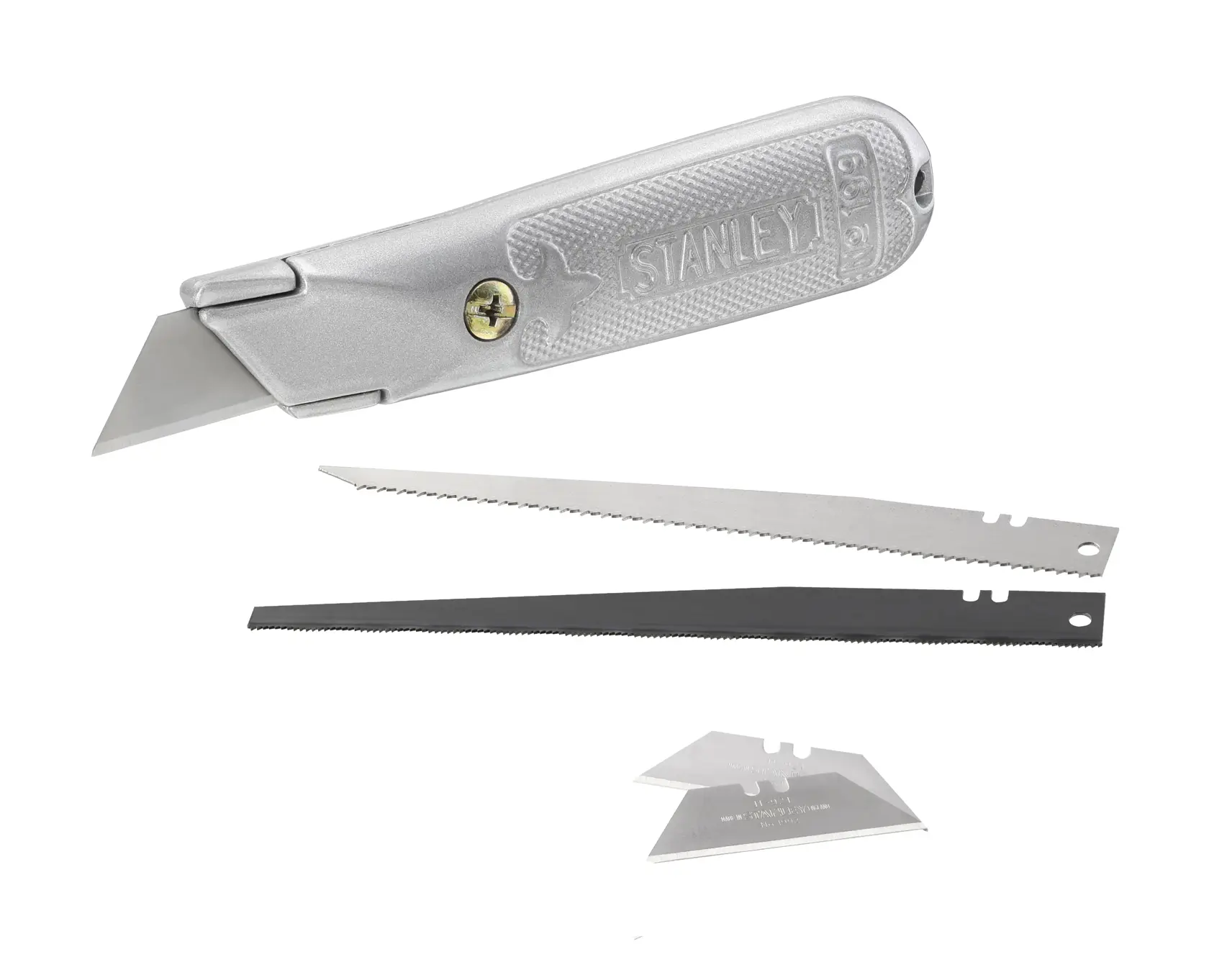 STANLEY 0-10-129 utility knife with textured grip, two spare saw blades, and two spare straight blades, side angle.