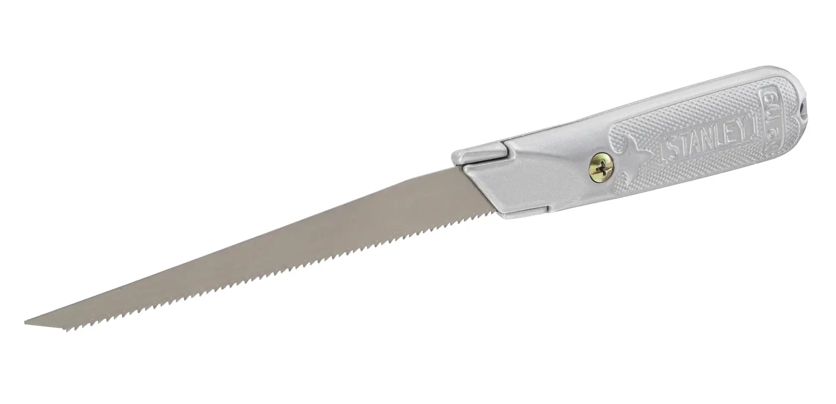 Photo of STANLEY 0-10-129 folding drywall saw with silver handle and pointed serrated blade, side angle.