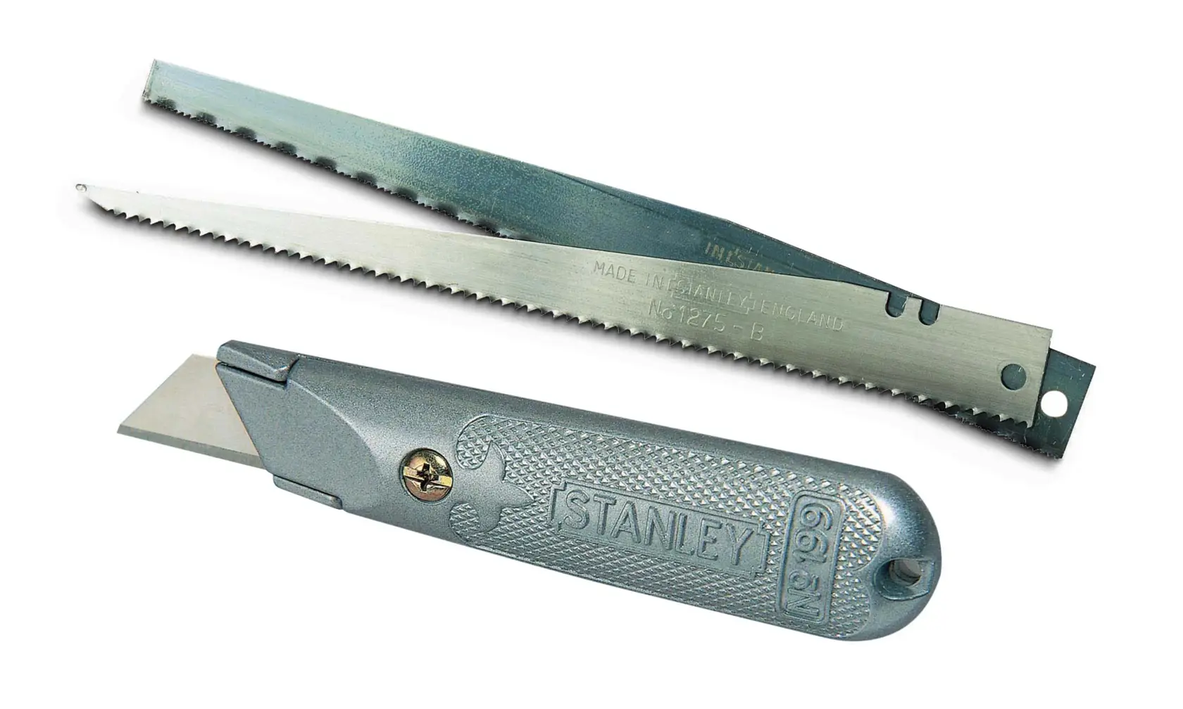 STANLEY 0-10-129 metal hand saw and replacement blades, photography, top angle on white background.