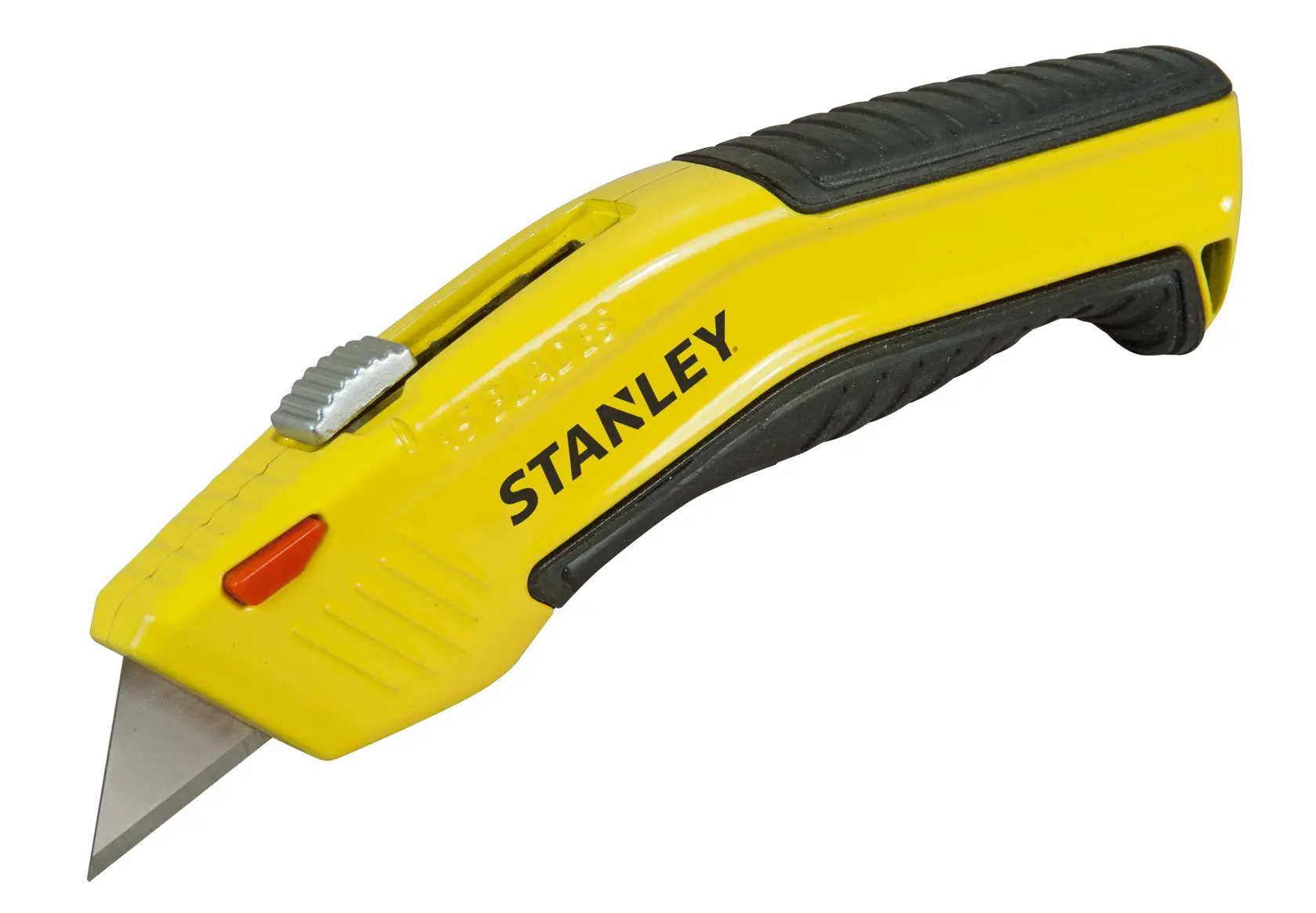 STANLEY 0-10-237 utility knife with yellow and black handle, side view on white background.