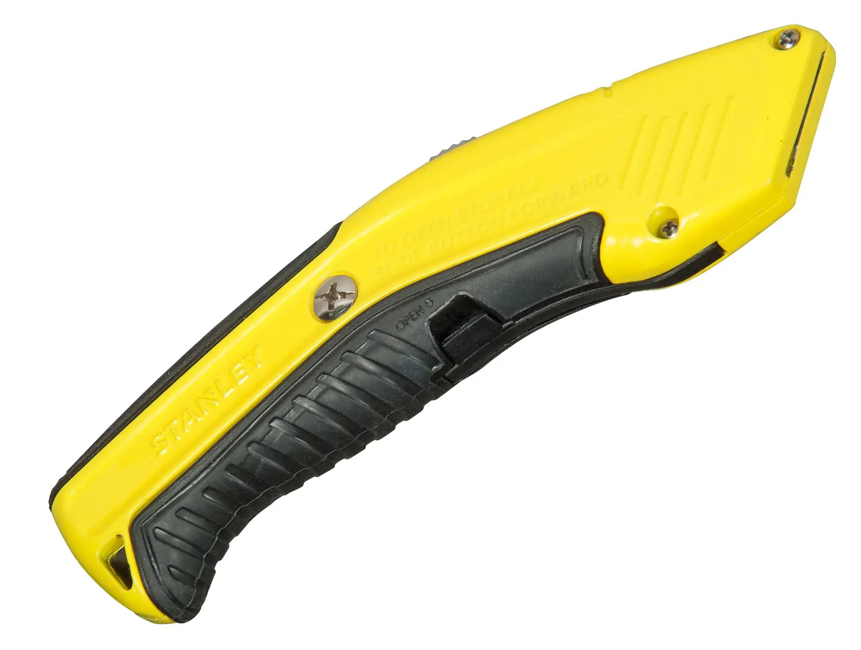 Photo of STANLEY 0-10-237 yellow and black utility knife, angled side view on white background.