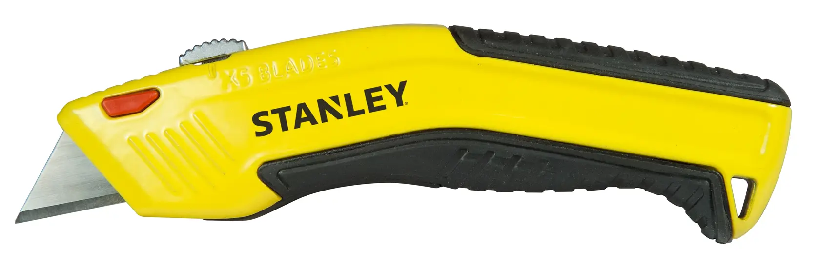 STANLEY 0-10-237 utility knife with yellow and black handle, side view on white background.