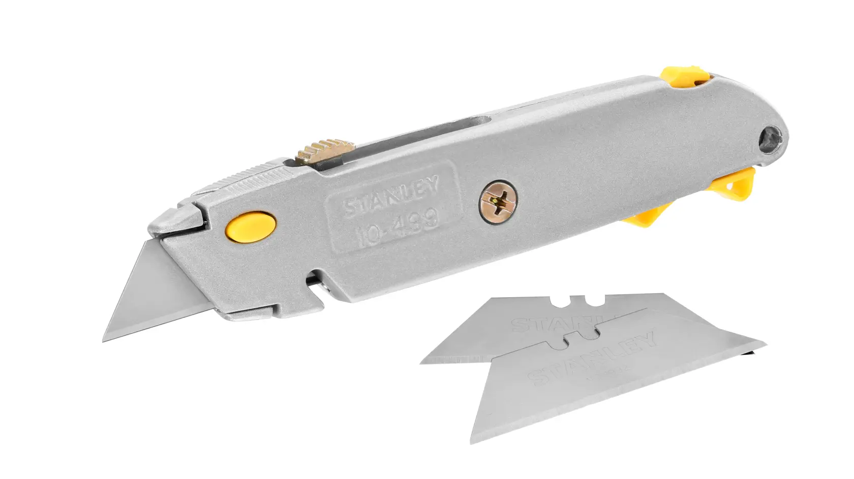 STANLEY 0-10-499 silver utility knife with yellow button, two extra blades, side angle on white background.