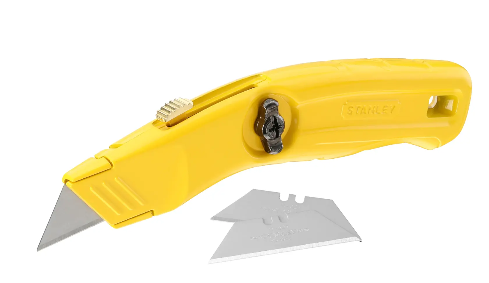 STANLEY 0-10-707 yellow utility knife with spare blades, product side view, photography category.