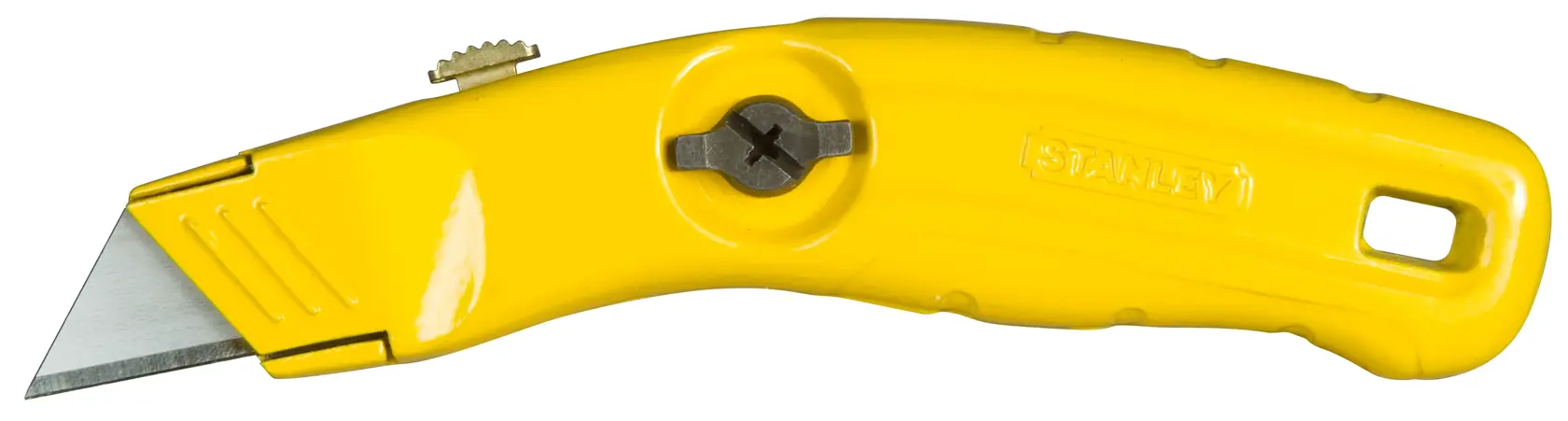 Photo of STANLEY 0-10-707 yellow utility knife, side view, with metal blade and ergonomic handle.