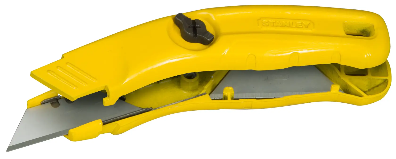 STANLEY 0-10-707 yellow utility knife side view, showing extended blade and ergonomic handle.