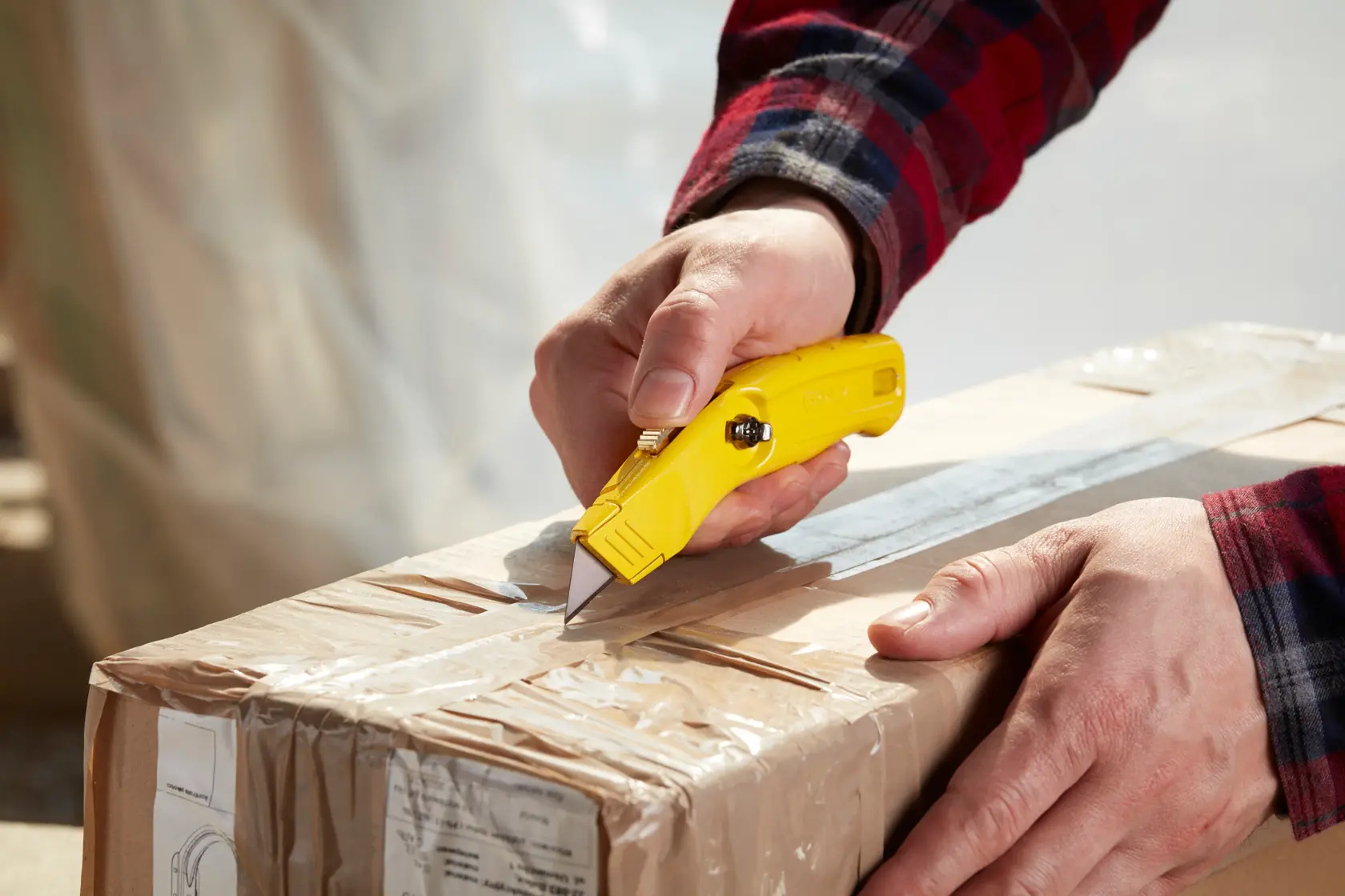 STANLEY 0-10-707 yellow utility knife cutting packaging tape on a cardboard box, close-up action view.