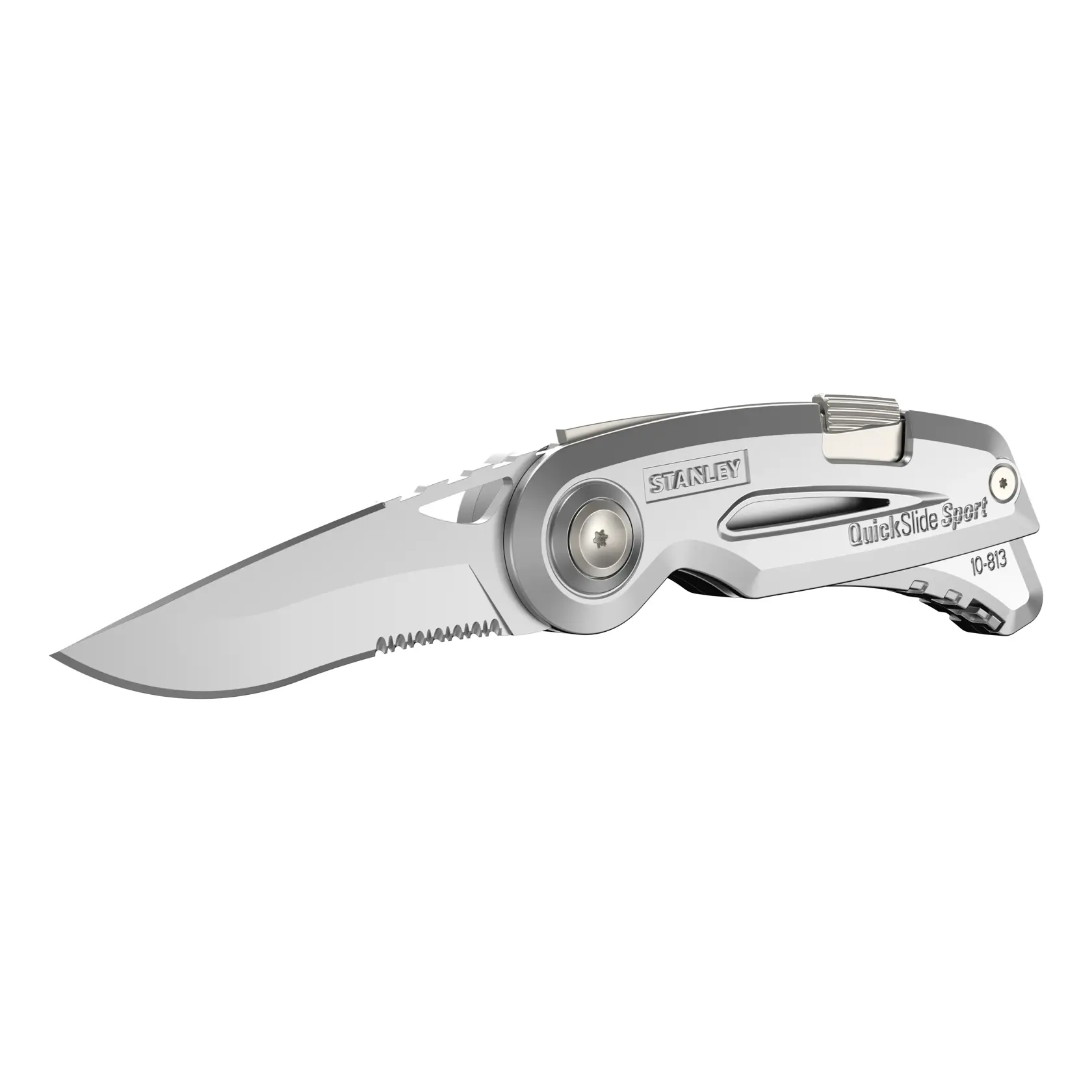 Photo of STANLEY 0-10-813 folding utility knife with partially serrated silver blade and grey handle, side angle.
