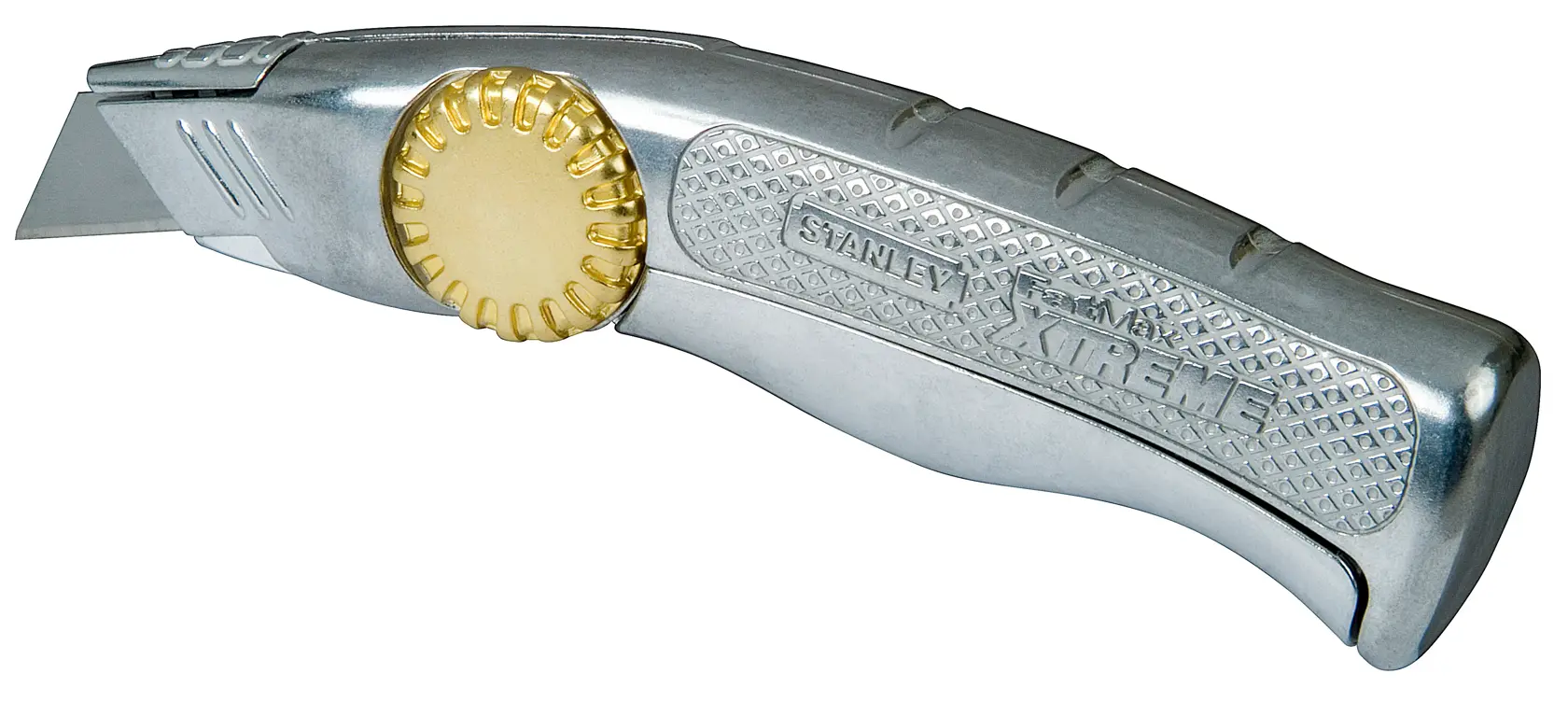 STANLEY 0-10-818 utility knife with silver textured handle and gold adjustment wheel, side view on white background.