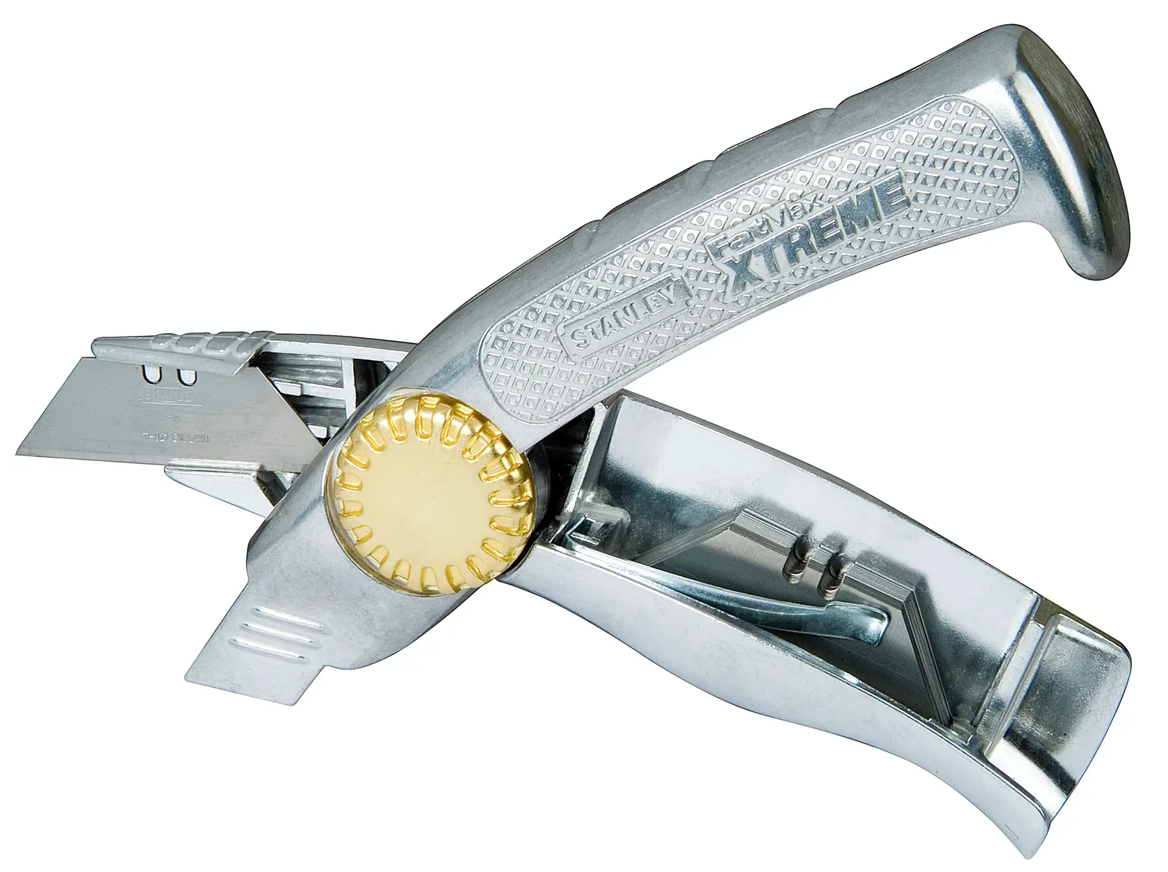 STANLEY 0-10-818 utility knife with textured handle and exposed blade, side view on white background.