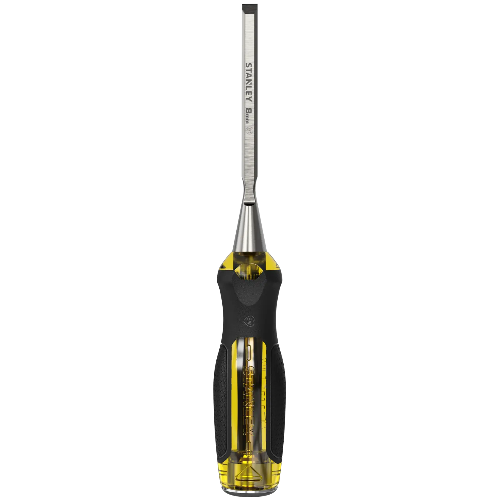 Stanley 8mm chisel with yellow and black handle, used for woodwork or carving tasks.