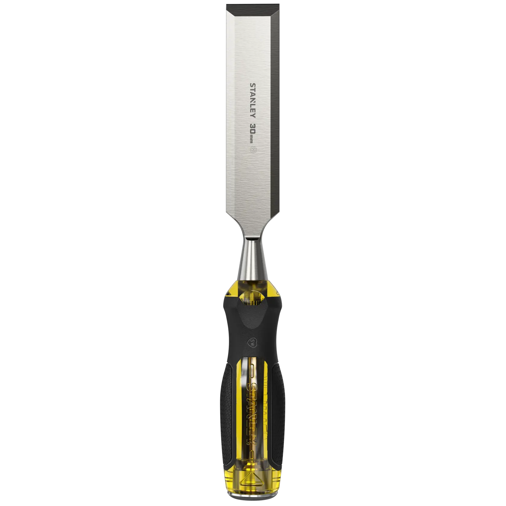 STANLEY 0-16-262 wood chisel with yellow and black handle, front angle on white background.