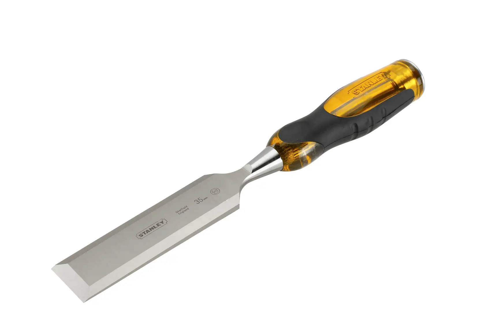 STANLEY 0-16-264 chisel with steel blade and yellow-black ergonomic handle, angled view on white background.