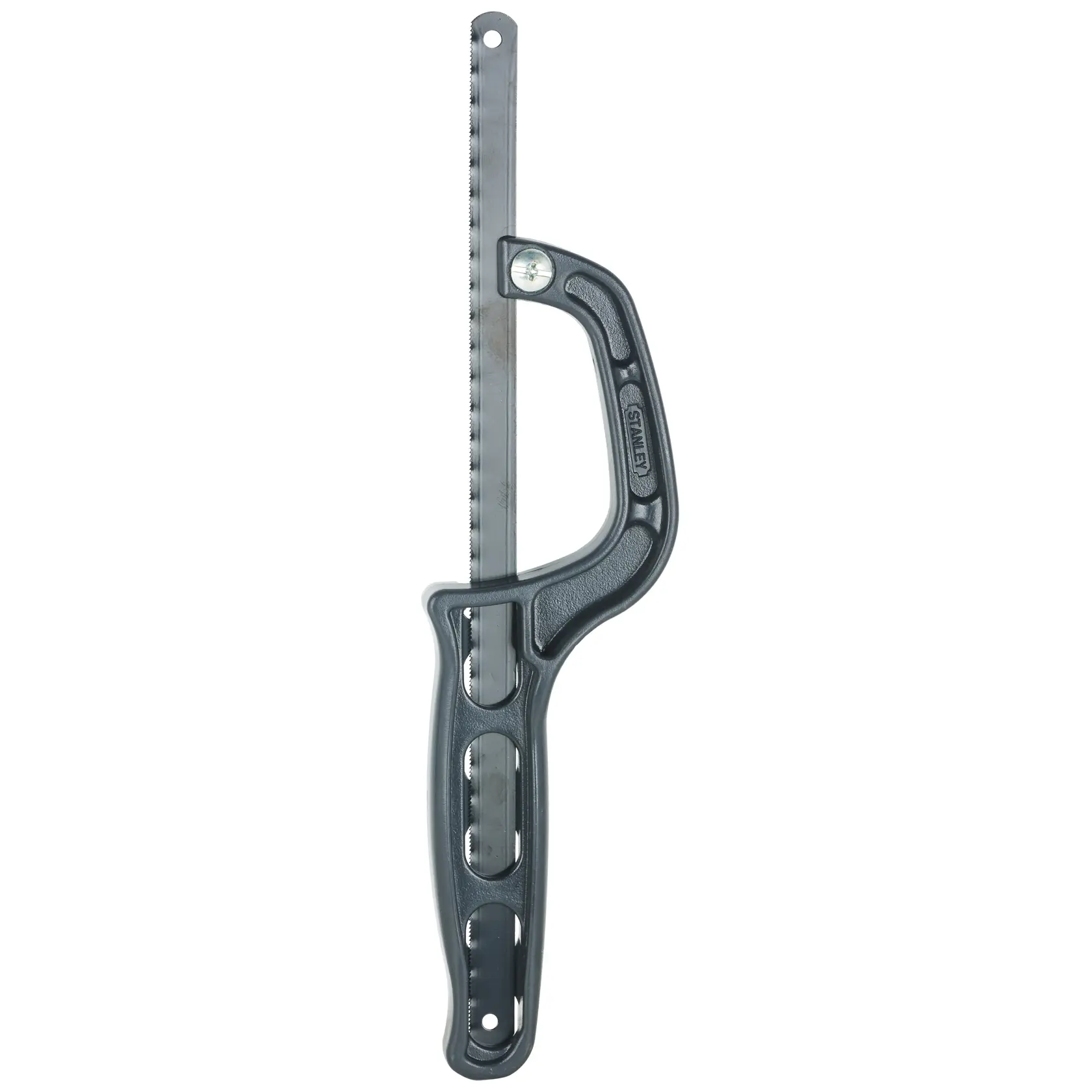 Stanley hacksaw with black ergonomic handle, straight-on angle, metal blade exposed and ready for use