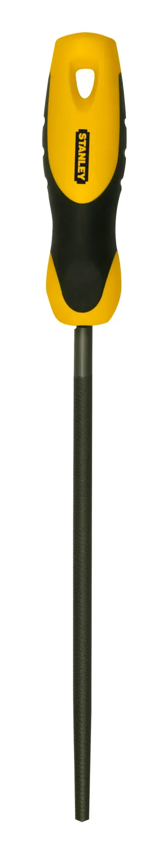 Round metal file with a yellow and black handle displayed vertically on a white background.