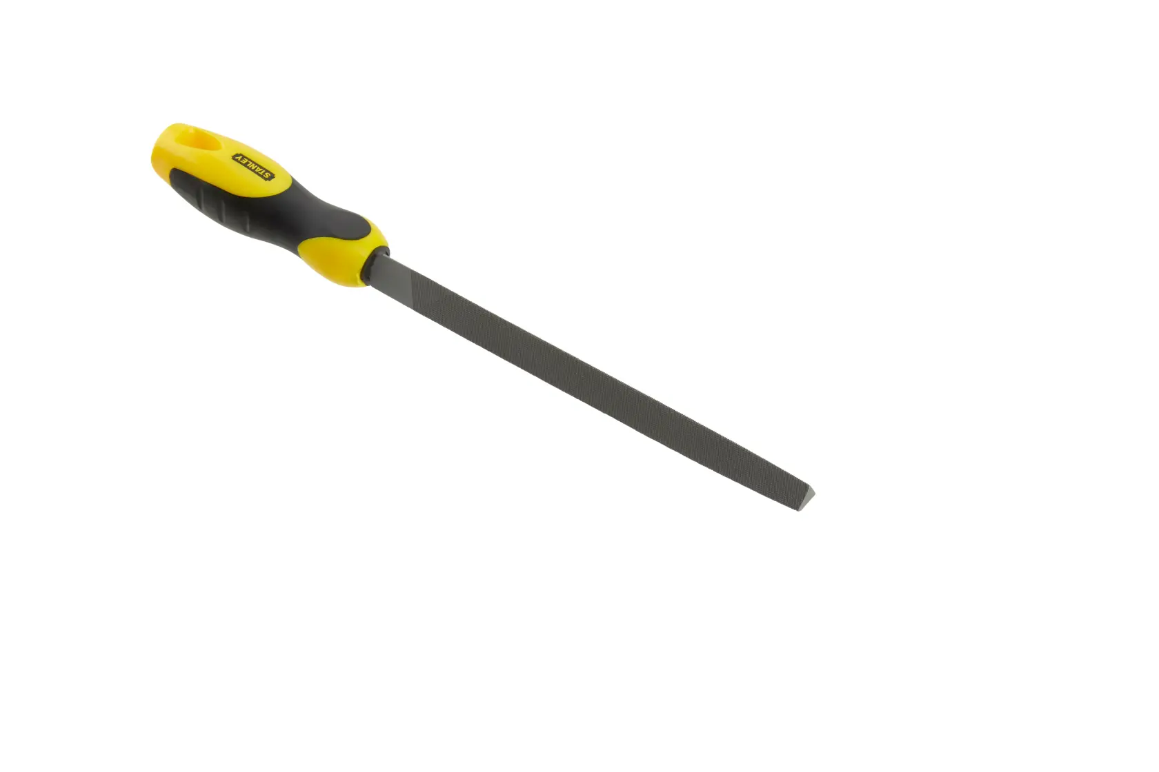 Stanley hand file with yellow and black handle, used for smoothing materials in woodworking and metalwork.