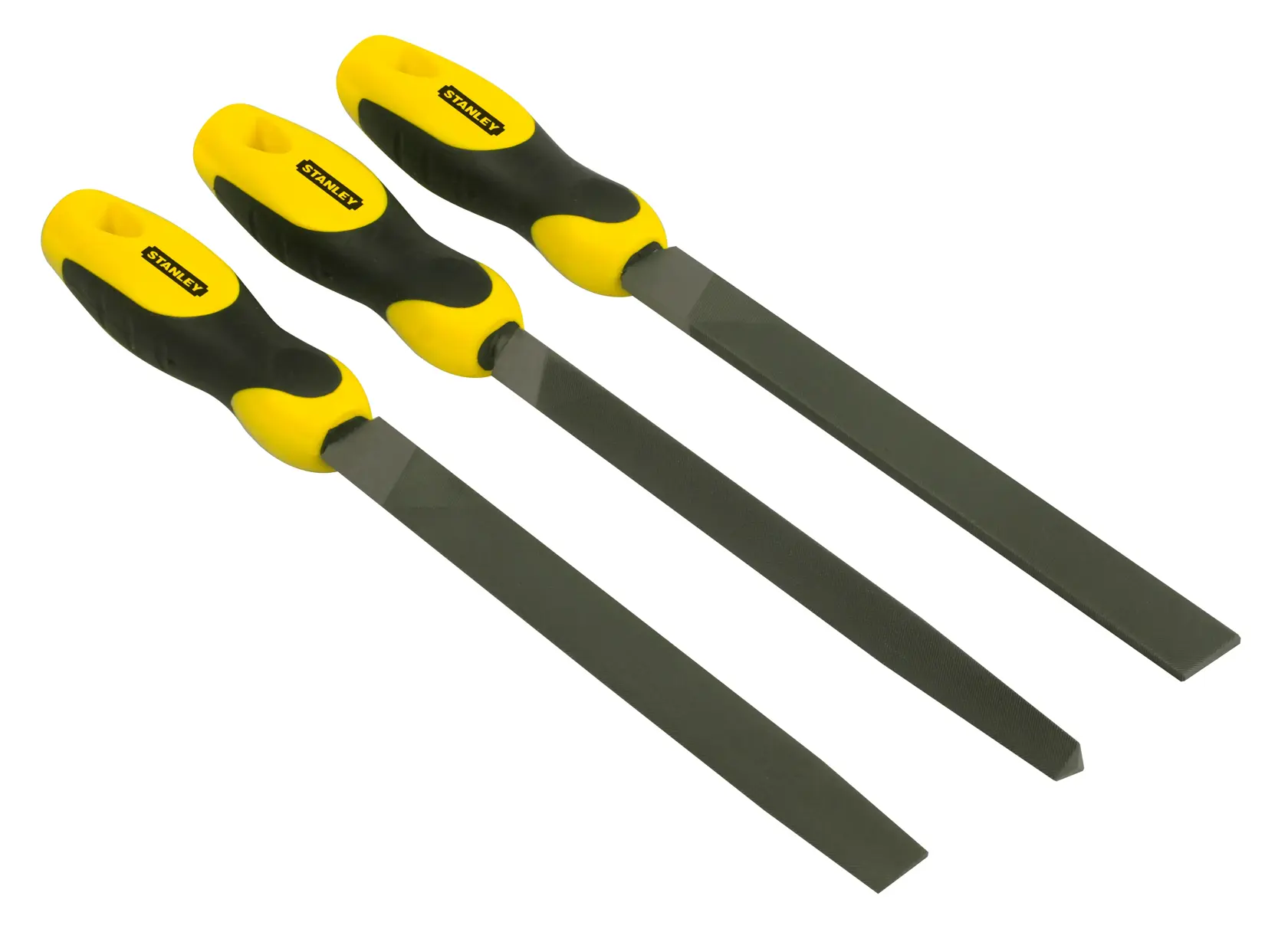 Three STANLEY metal files with yellow and black handles arranged side by side on a white background.