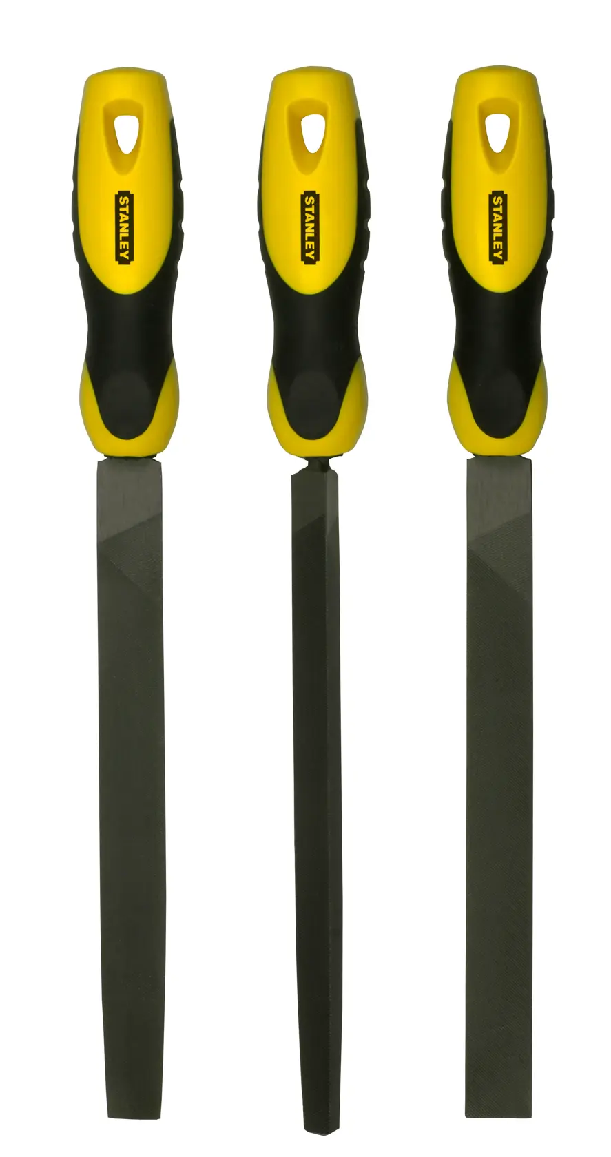 Three STANLEY metal files with yellow and black handles, arranged vertically side by side on a white background.