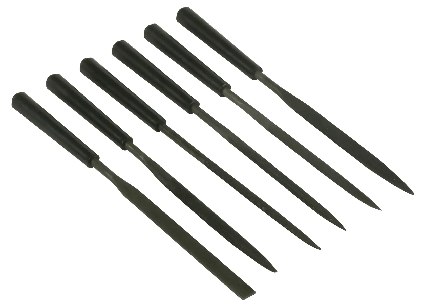 Set of six metal needle files with black handles, arranged in a row for precision filing tasks.