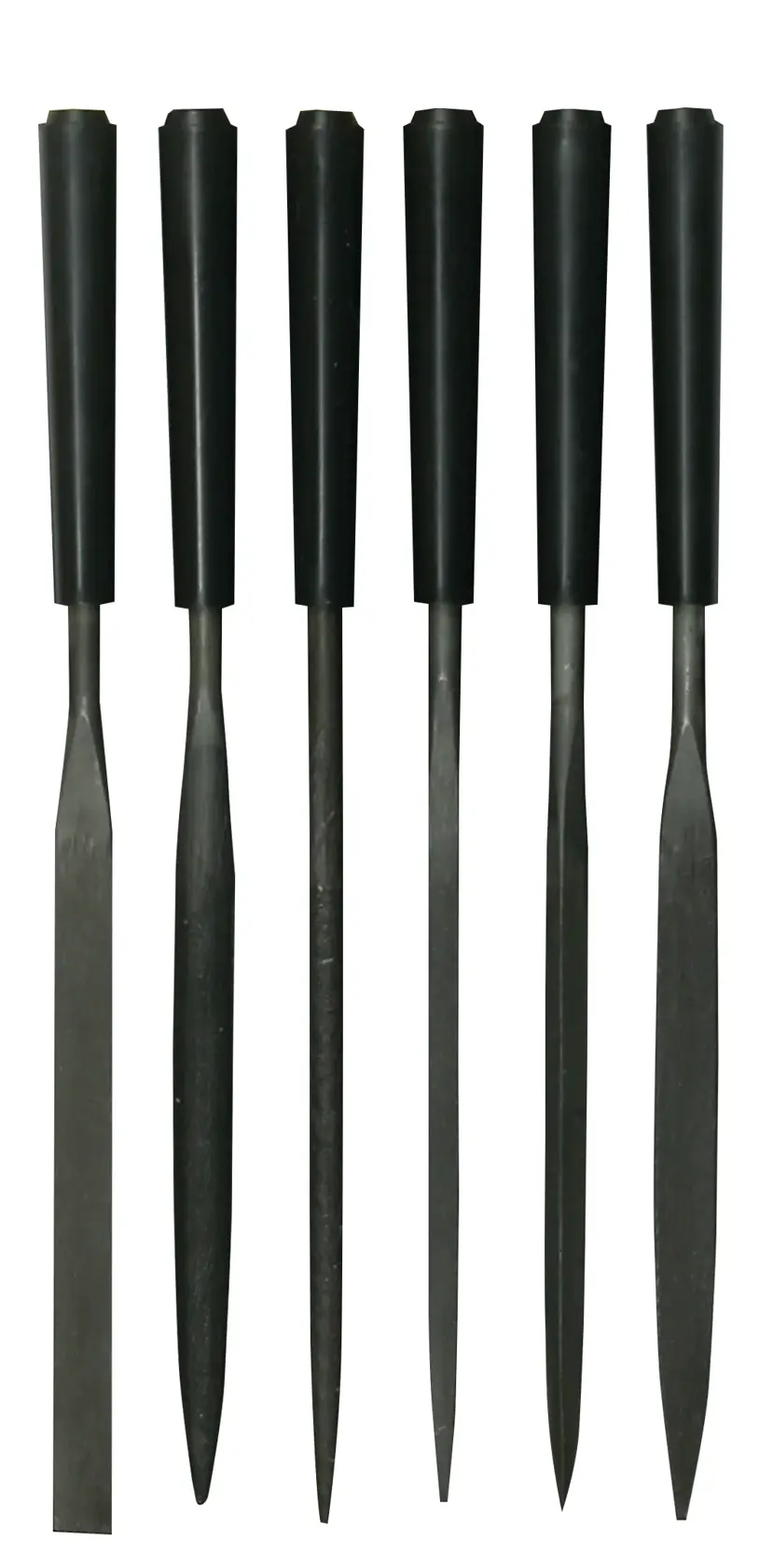 STANLEY 0-22-500 set of six metal files with black handles, front view on white background.