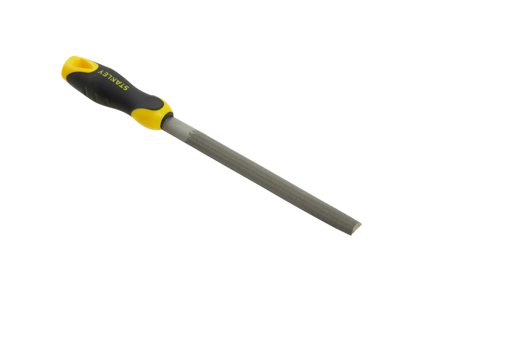 Stanley round metal file with a black and yellow ergonomic handle on a white background.