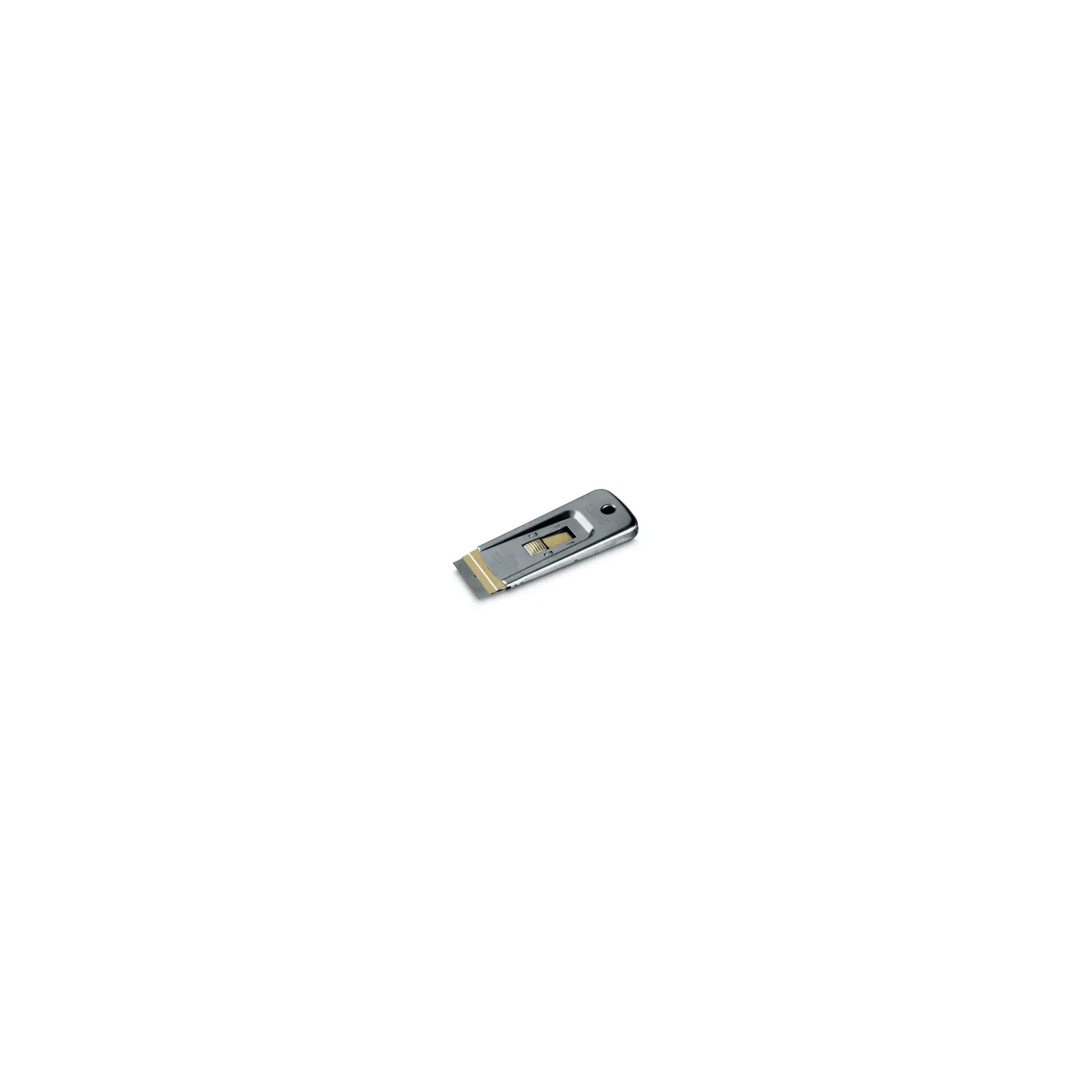 STANLEY 0-28-500 metal razor blade scraper, top angle, silver body with gold blade, on white background.