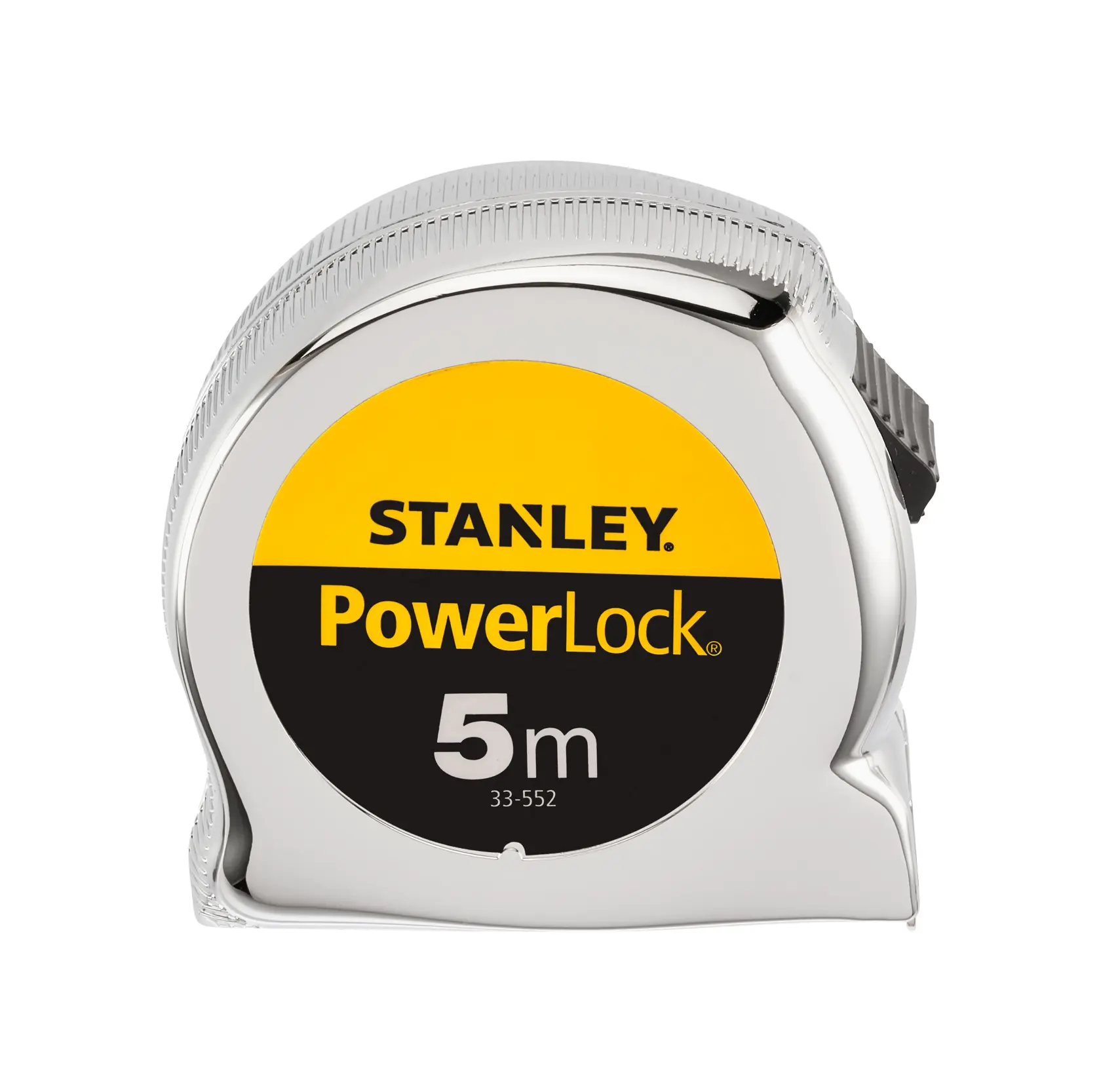 STANLEY 0-33-552 tape measure, PowerLock series, 5m length, silver body, front angle on white background.