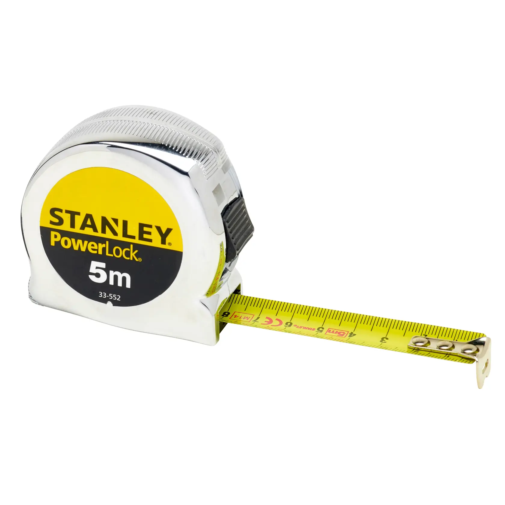 STANLEY PowerLock 5m tape measure 0-33-552, front angle, yellow tape extended, chrome body.