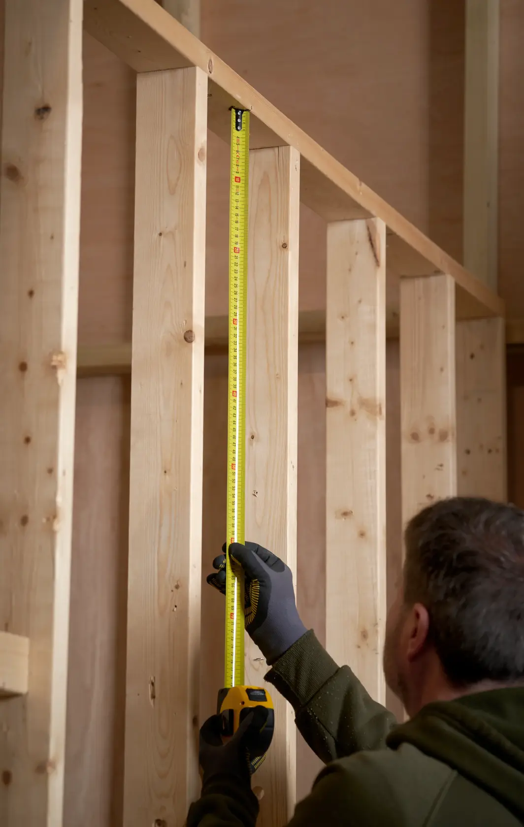STANLEY 0-33-811 tape measure measuring vertical wooden stud in construction setting.