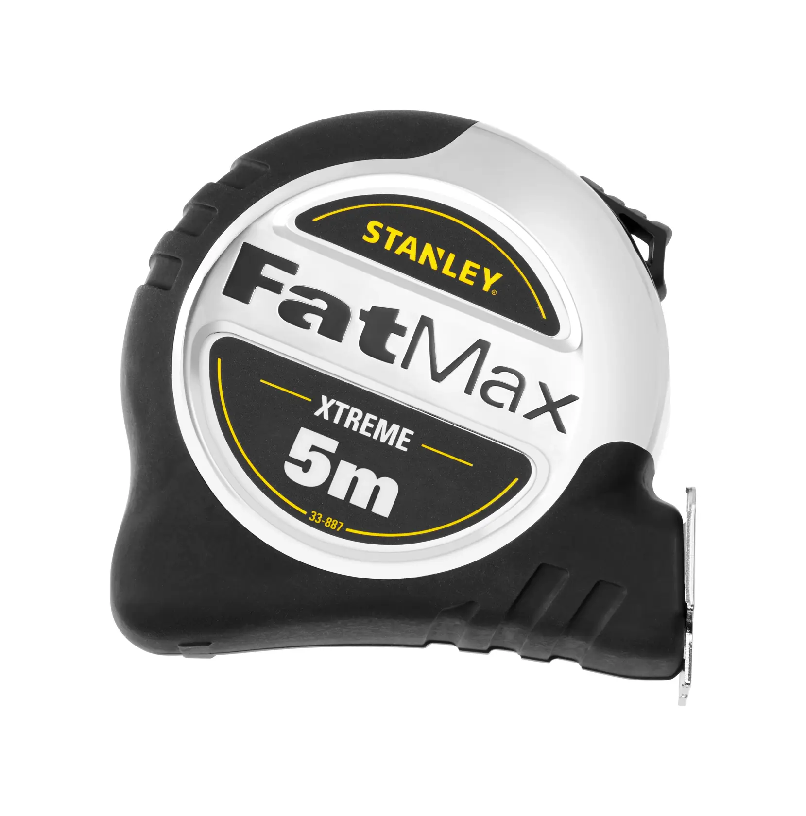 Stanley FatMax Xtreme 5m tape measure with black and silver casing shown on a white background.