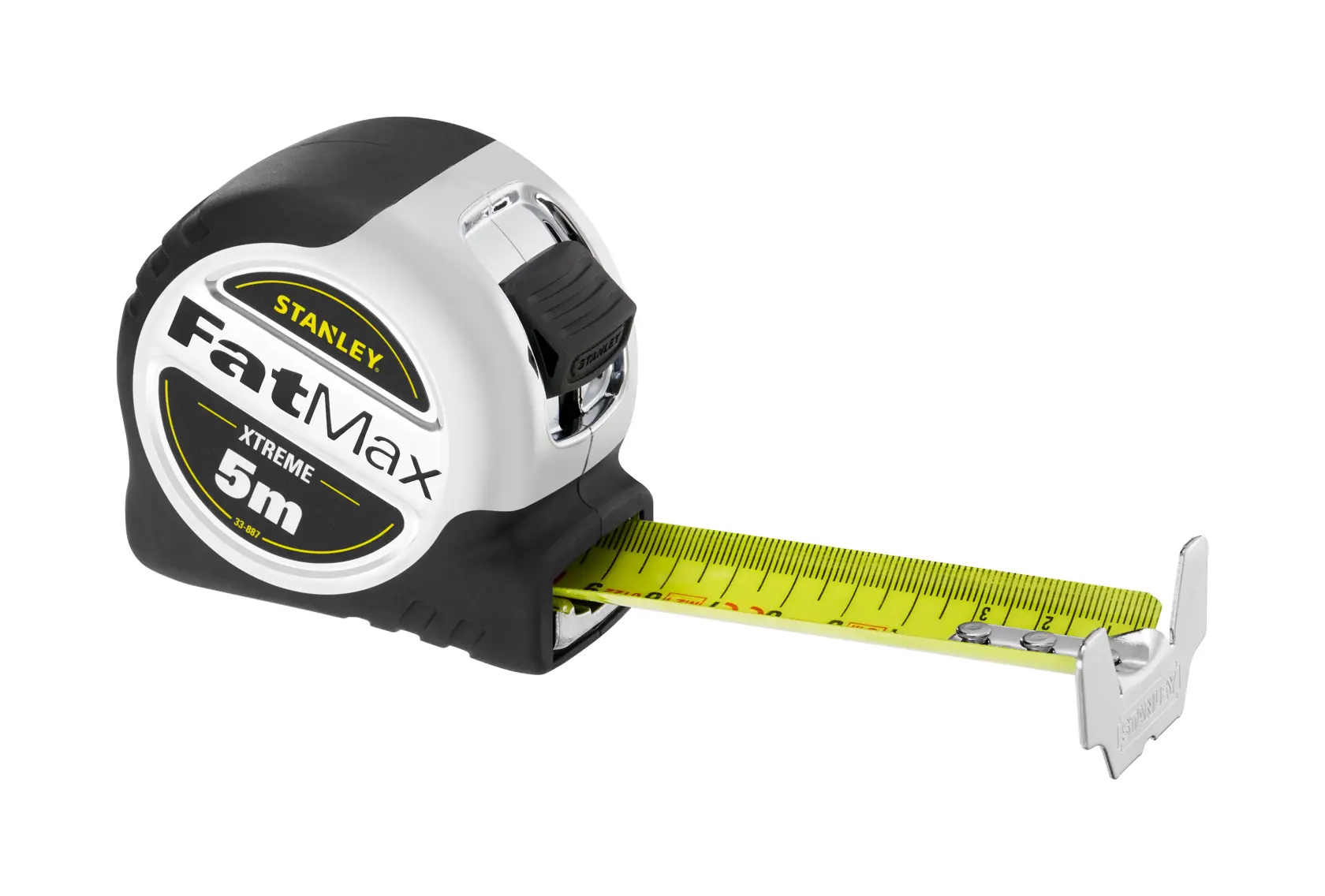 Stanley FatMax Xtreme 5m tape measure with yellow blade and black-white casing.