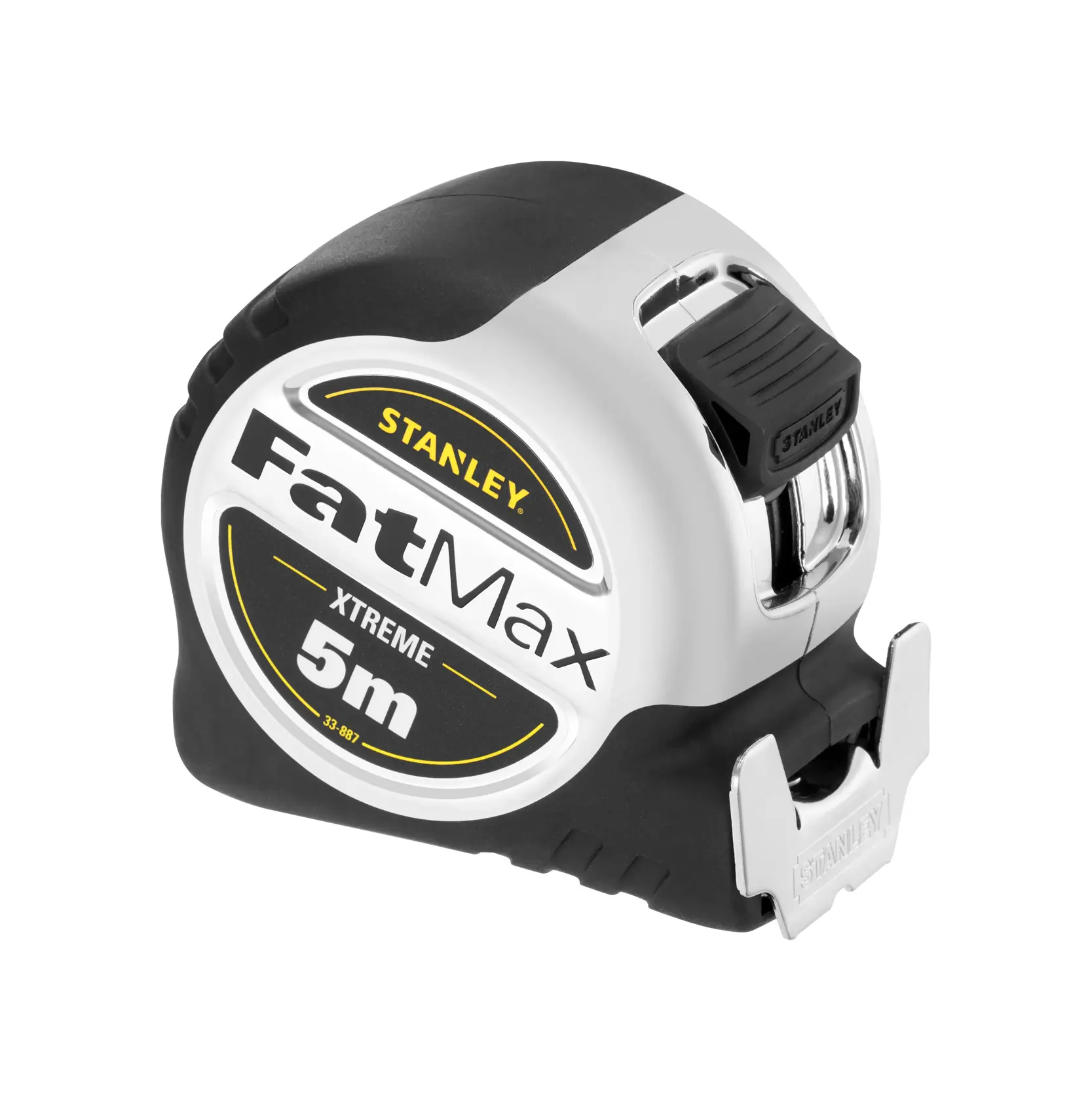 Stanley FatMax Xtreme 5m tape measure with black and silver casing and metal clip.