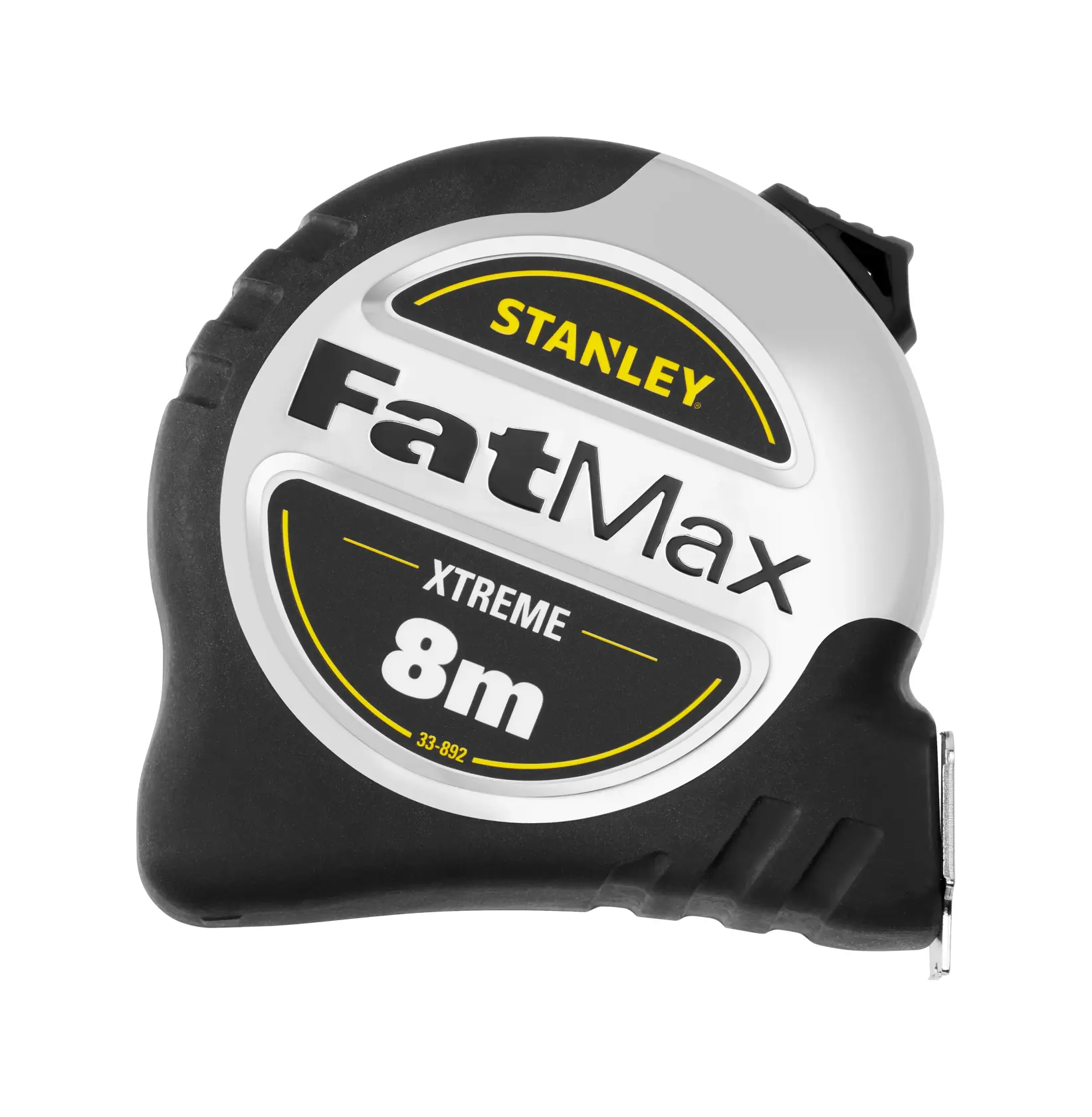 Stanley FatMax Xtreme 8m tape measure with black and silver casing, visible product branding.