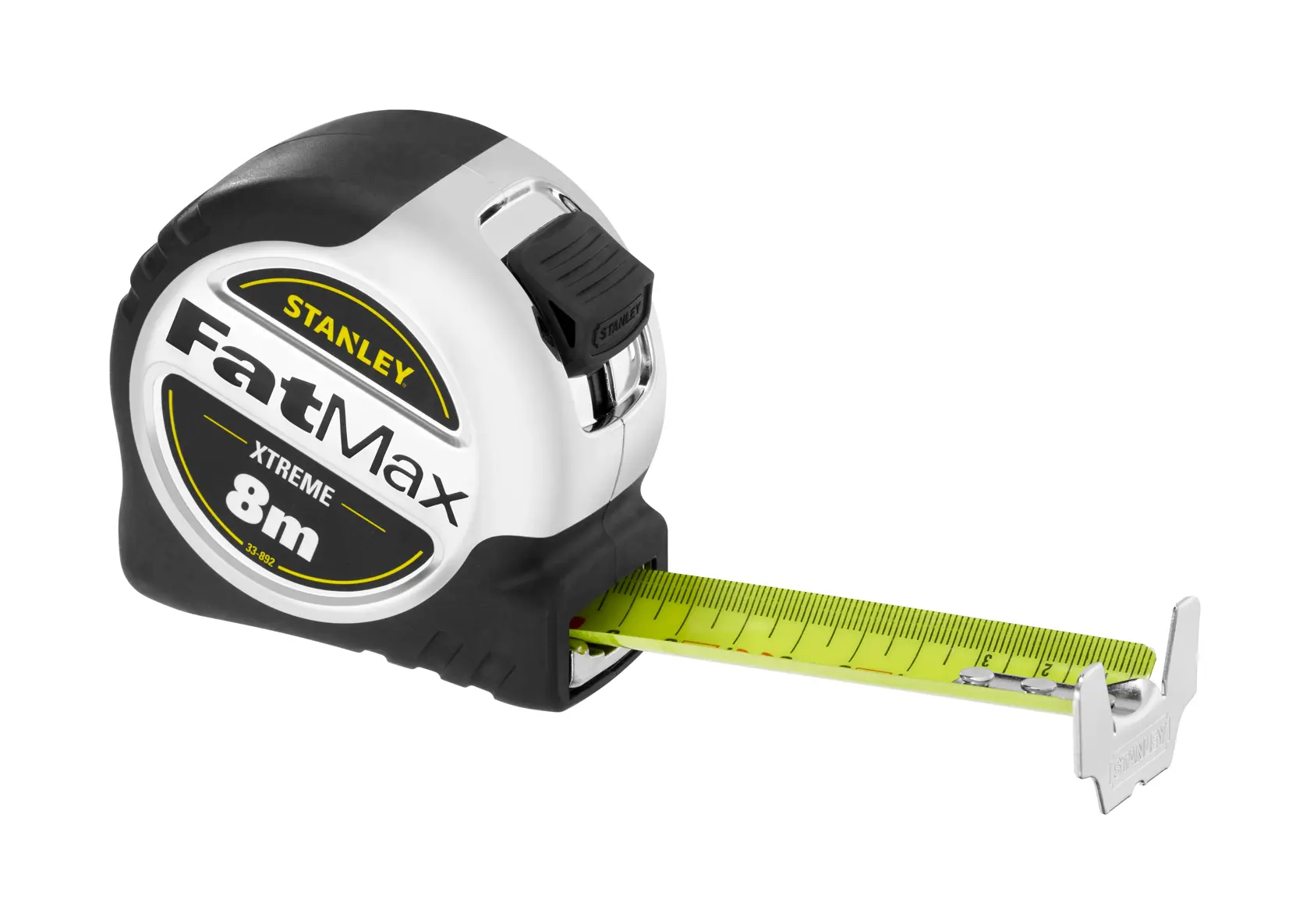 Stanley FatMax Xtreme 8m tape measure with yellow blade and black and silver casing.