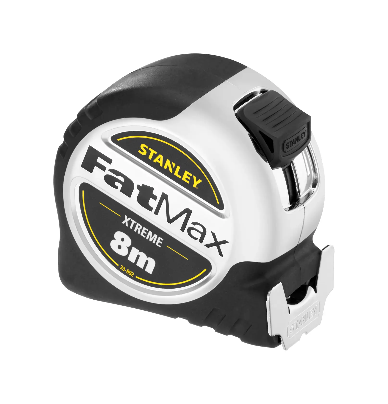 A Stanley FatMax Xtreme 8 meter tape measure with a silver and black casing and a prominent Stanley logo.