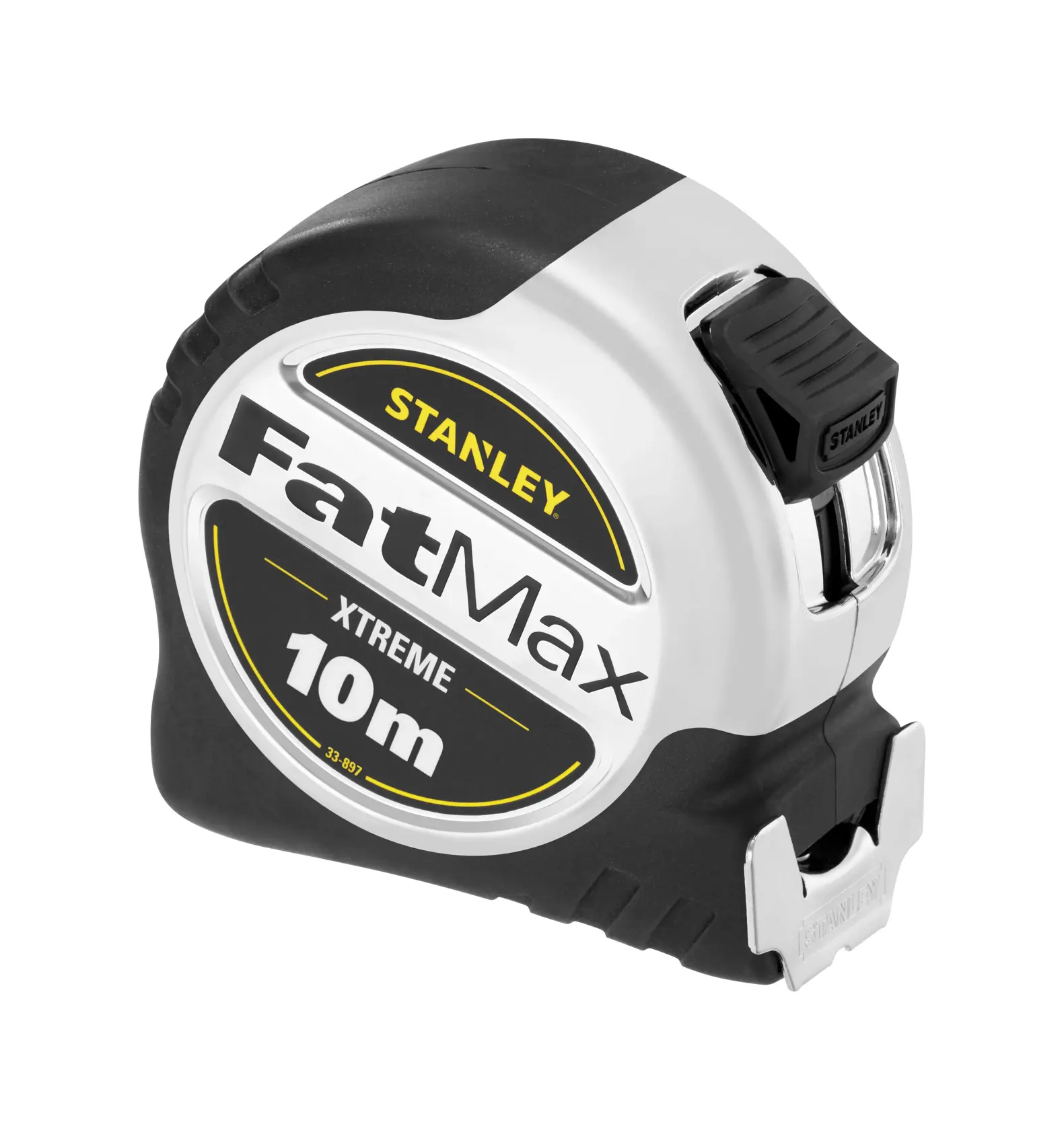 STANLEY FatMax Xtreme 10m tape measure with a black and silver casing.