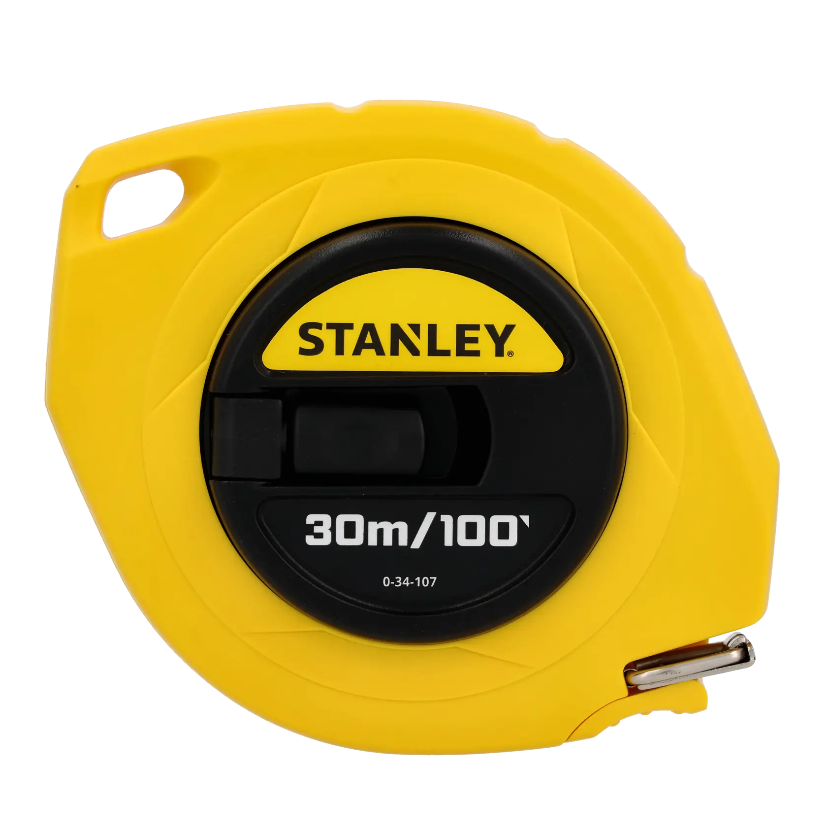 STANLEY 0-34-107 yellow and black closed reel tape measure, 30m/100ft, front view on white background.