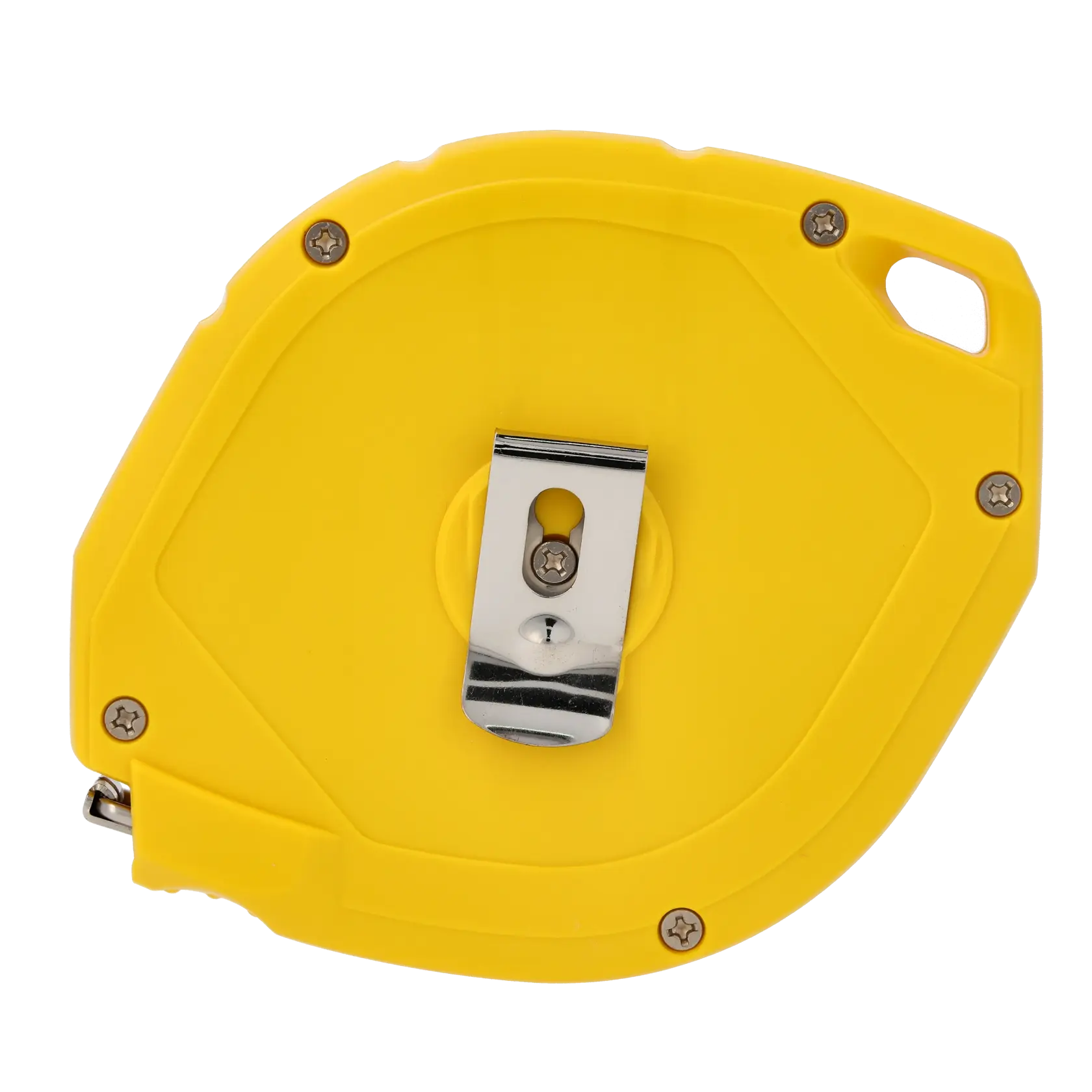STANLEY 0-34-107 yellow measuring tape reel with belt clip, rear angle on white background.