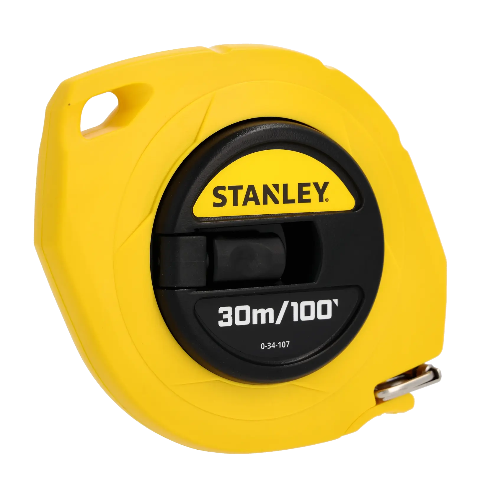 STANLEY 0-34-107 open reel yellow measuring tape, 30m/100ft, left-side angle on white background.
