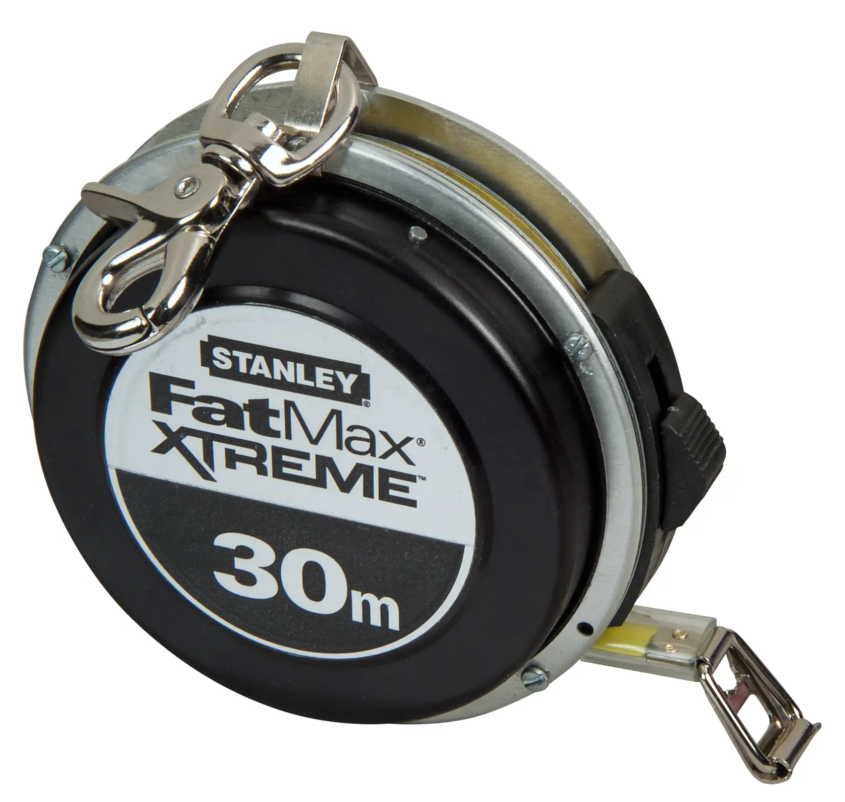Stanley FatMax Xtreme 30m tape measure with metal clip and black casing.