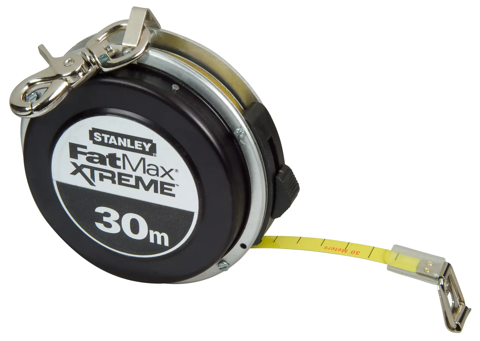 STANLEY 0-34-203 FatMax XTREME 30m tape measure, black casing, angled view on white background.