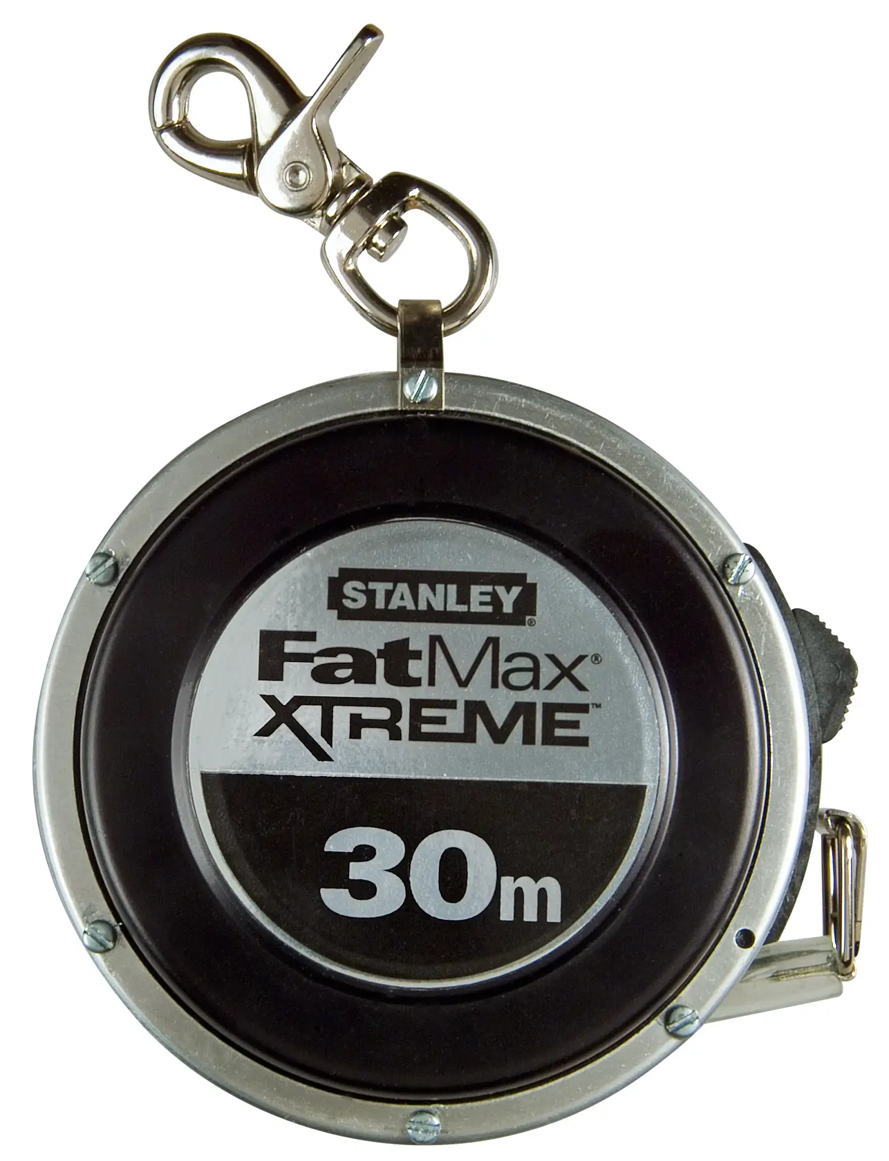 Stanley FatMax Xtreme 30m measuring tape with metal clip and round black casing.