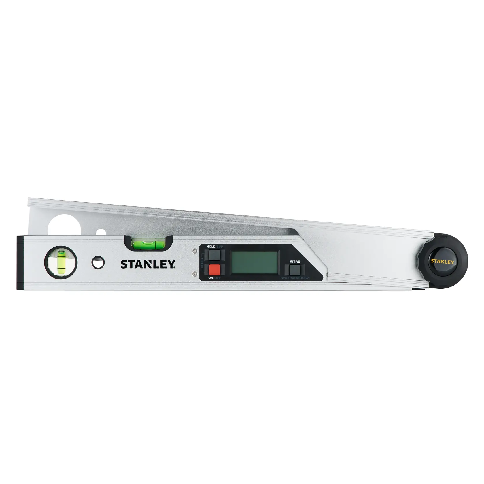 STANLEY 0-42-087 digital angle meter with display and bubble vials, photography, side view on white background.