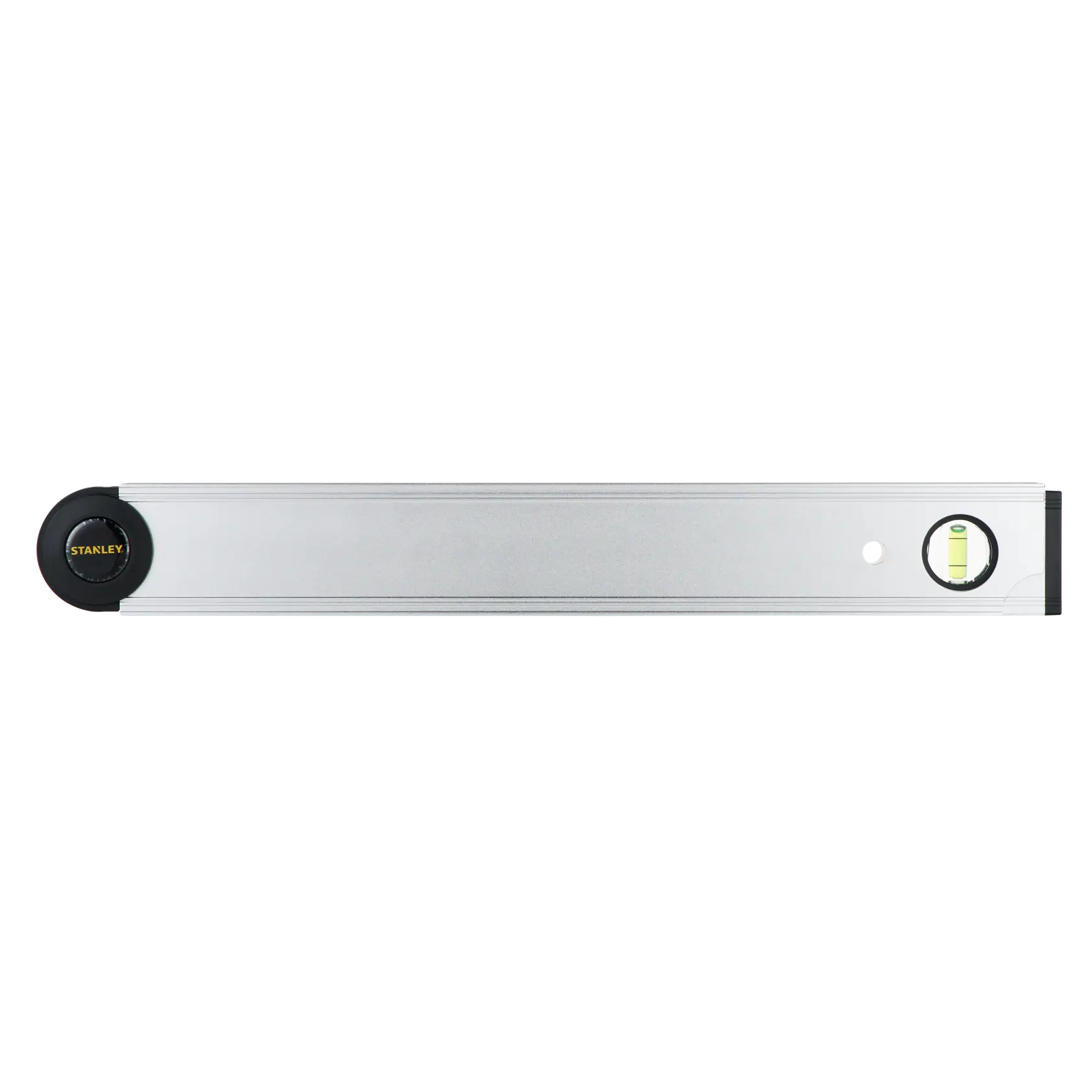 Photo of STANLEY 0-42-087 aluminum spirit level, front view, with black end caps and horizontal vial.