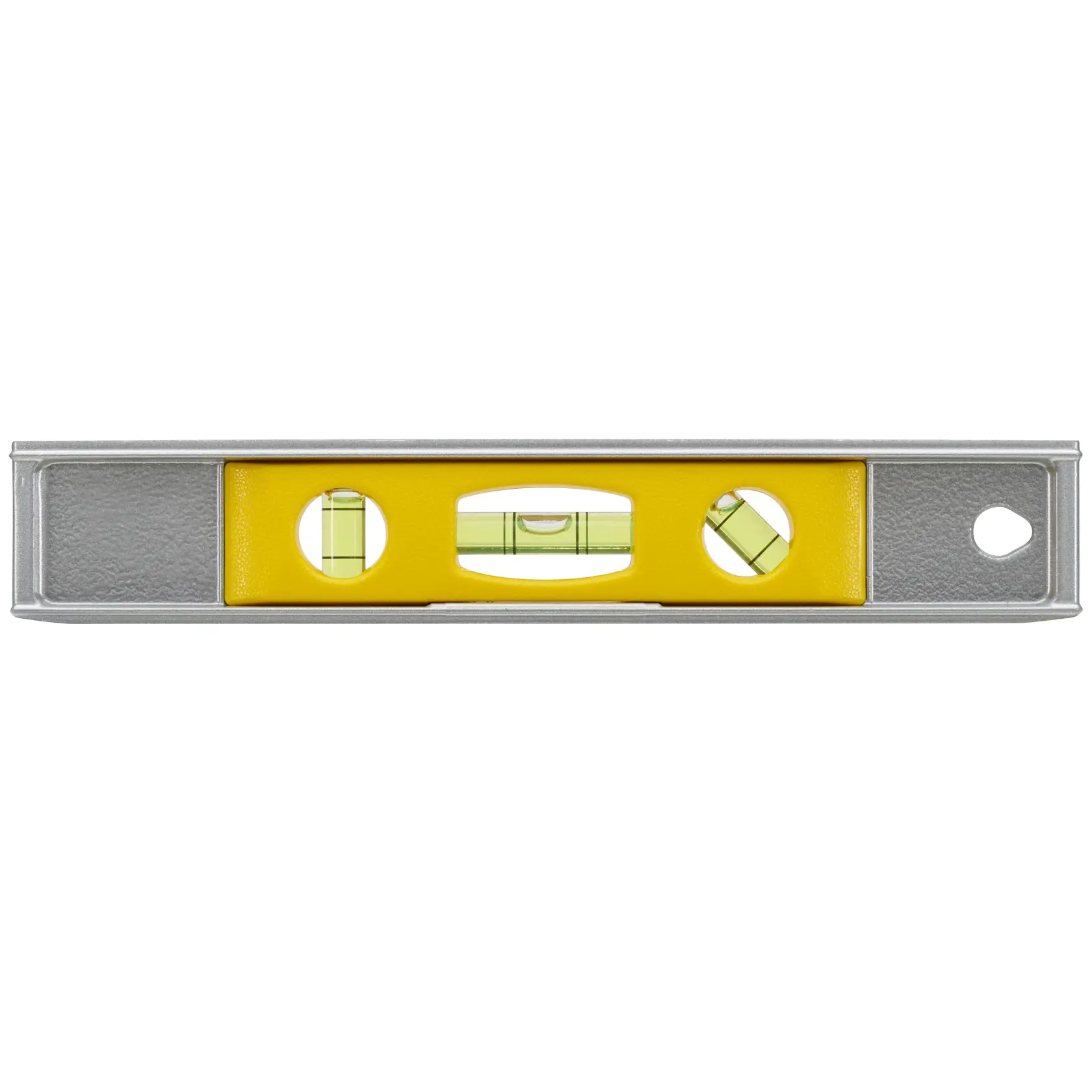 STANLEY 0-42-465 spirit level, yellow and silver, photography of front view on white background.