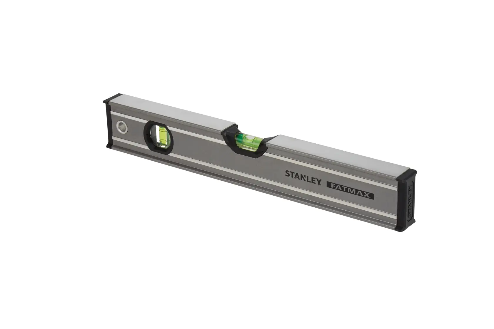 STANLEY 0-43-616 spirit level, silver with black ends, side angle photo, two vials visible.
