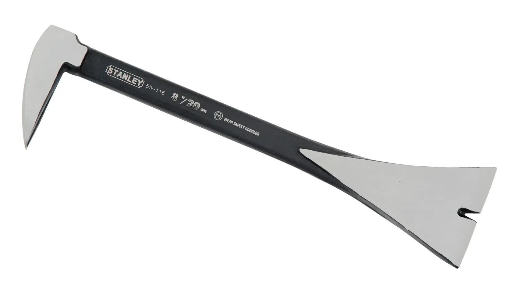 STANLEY 0-55-116 flat bar with polished ends, steel construction, hand tool side angle on white background.