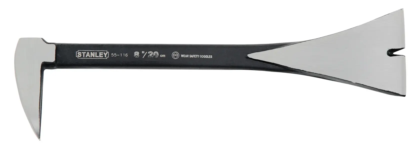 STANLEY 0-55-116 flat pry bar with beveled edges, black and silver, side view on white background.