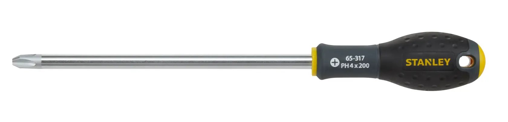 STANLEY 0-65-317 screwdriver with black and yellow ergonomic handle, Phillips head, side view on white background.