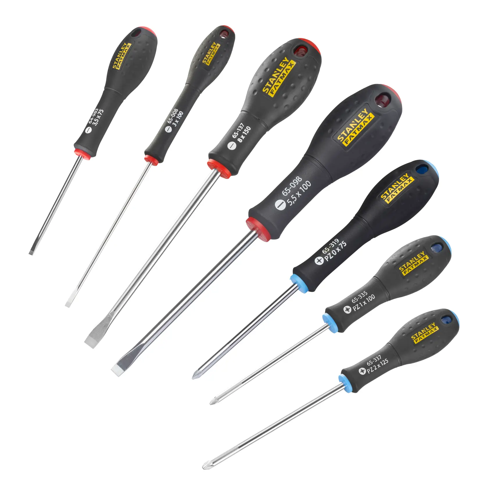 Stanley set of seven screwdrivers with black handles and various tips arranged side by side on white background.